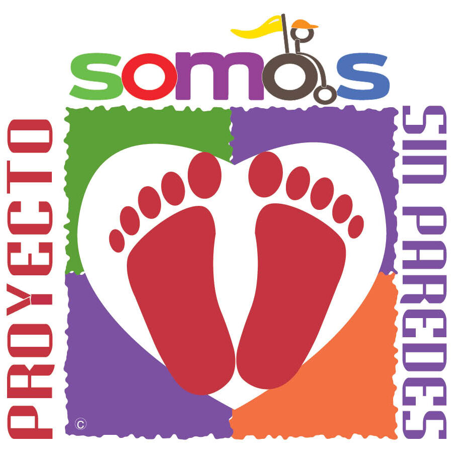 Logo incluye bloque colorido (verde, violeta y anaranjado) con hullas de pies rojos en el centro de una figura de corazón y las palabras Proyecto a la izquierda, SOMOS en el tope y Sin Parees en la derecha.
